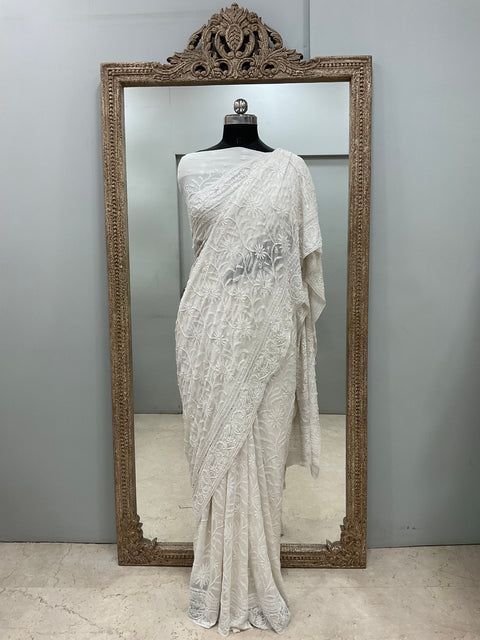 Pure Georgette Saree Superfine Work full jaal with Heavy Cutdana and Sequence White