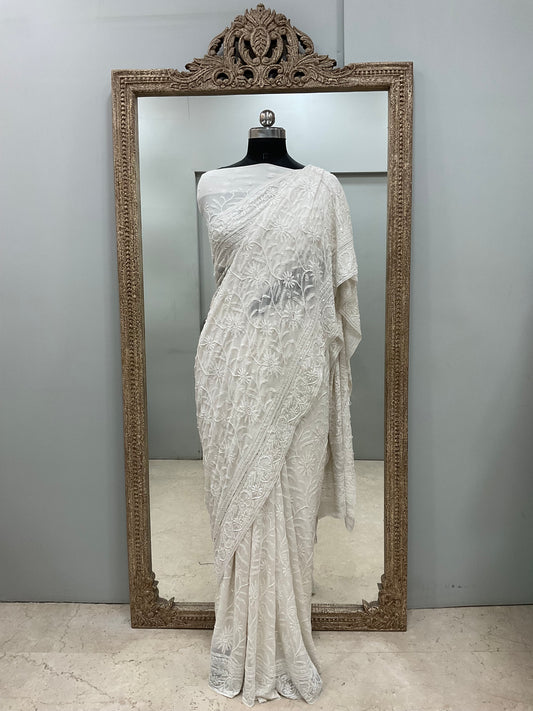 Pure Georgette Saree Superfine Work full jaal with Heavy Cutdana and Sequence White