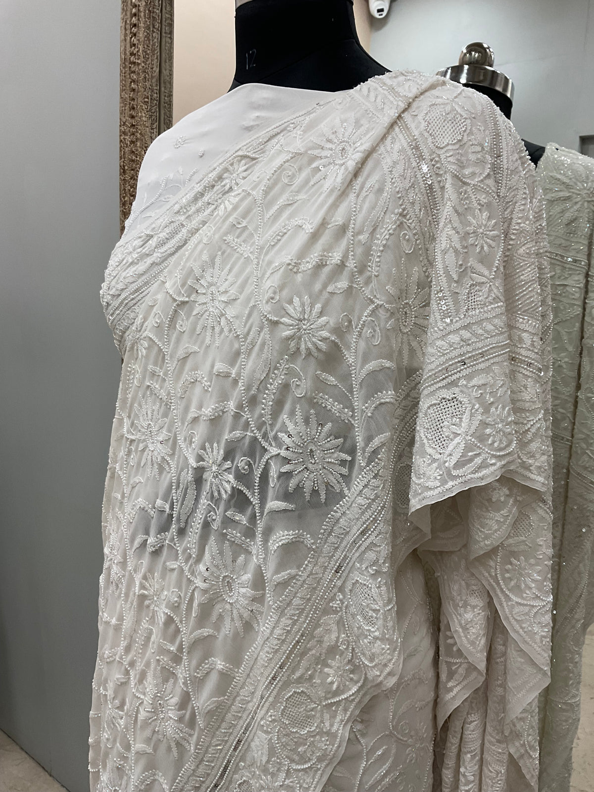 Pure Georgette Saree Superfine Work full jaal with Heavy Cutdana and Sequence White