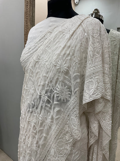 Pure Georgette Saree Superfine Work full jaal with Heavy Cutdana and Sequence White