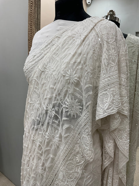 Pure Georgette Saree Superfine Work full jaal with Heavy Cutdana and Sequence White