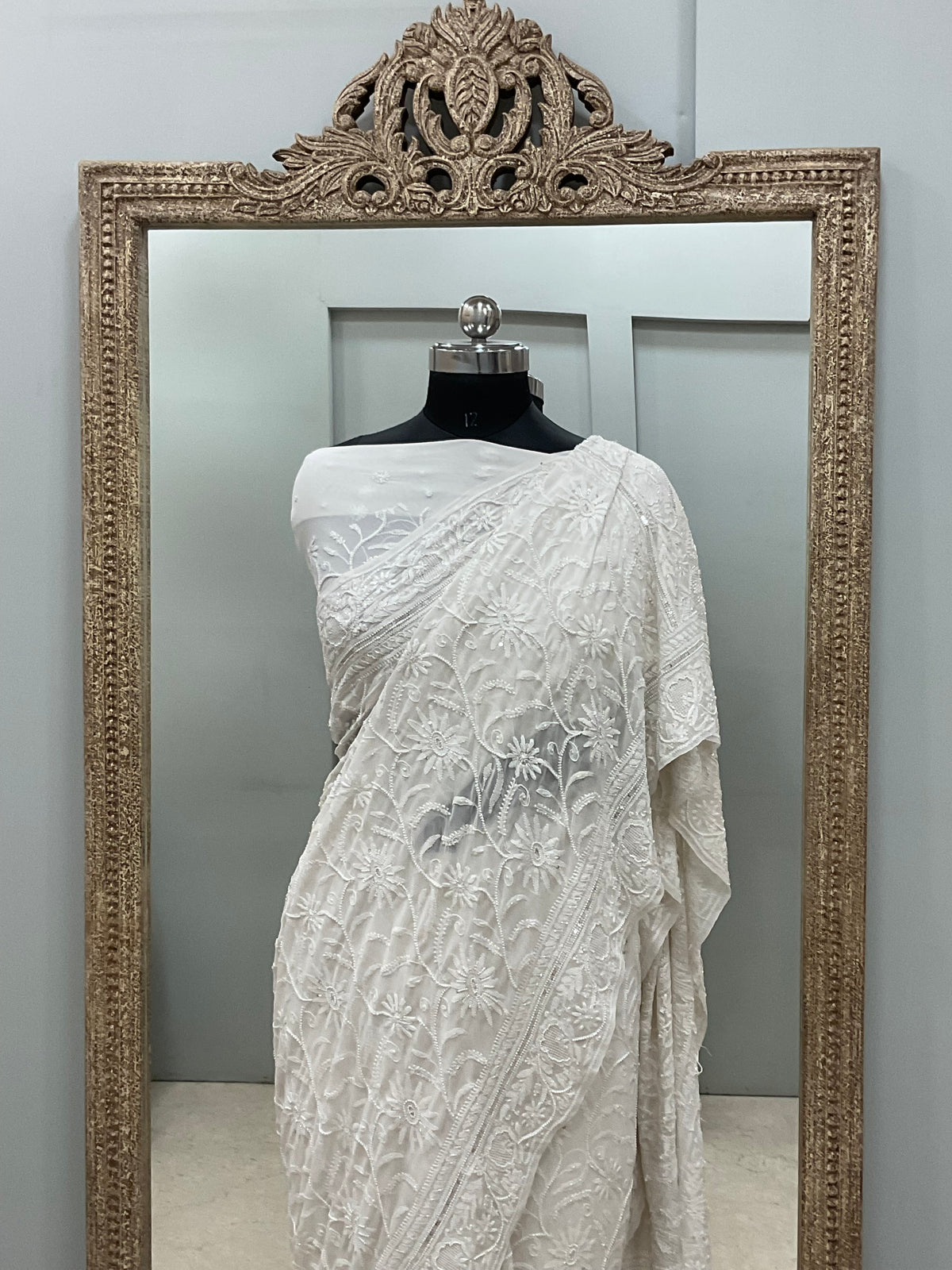 Pure Georgette Saree Superfine Work full jaal with Heavy Cutdana and Sequence White