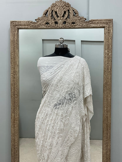 Pure Georgette Saree Superfine Work full jaal with Heavy Cutdana and Sequence White