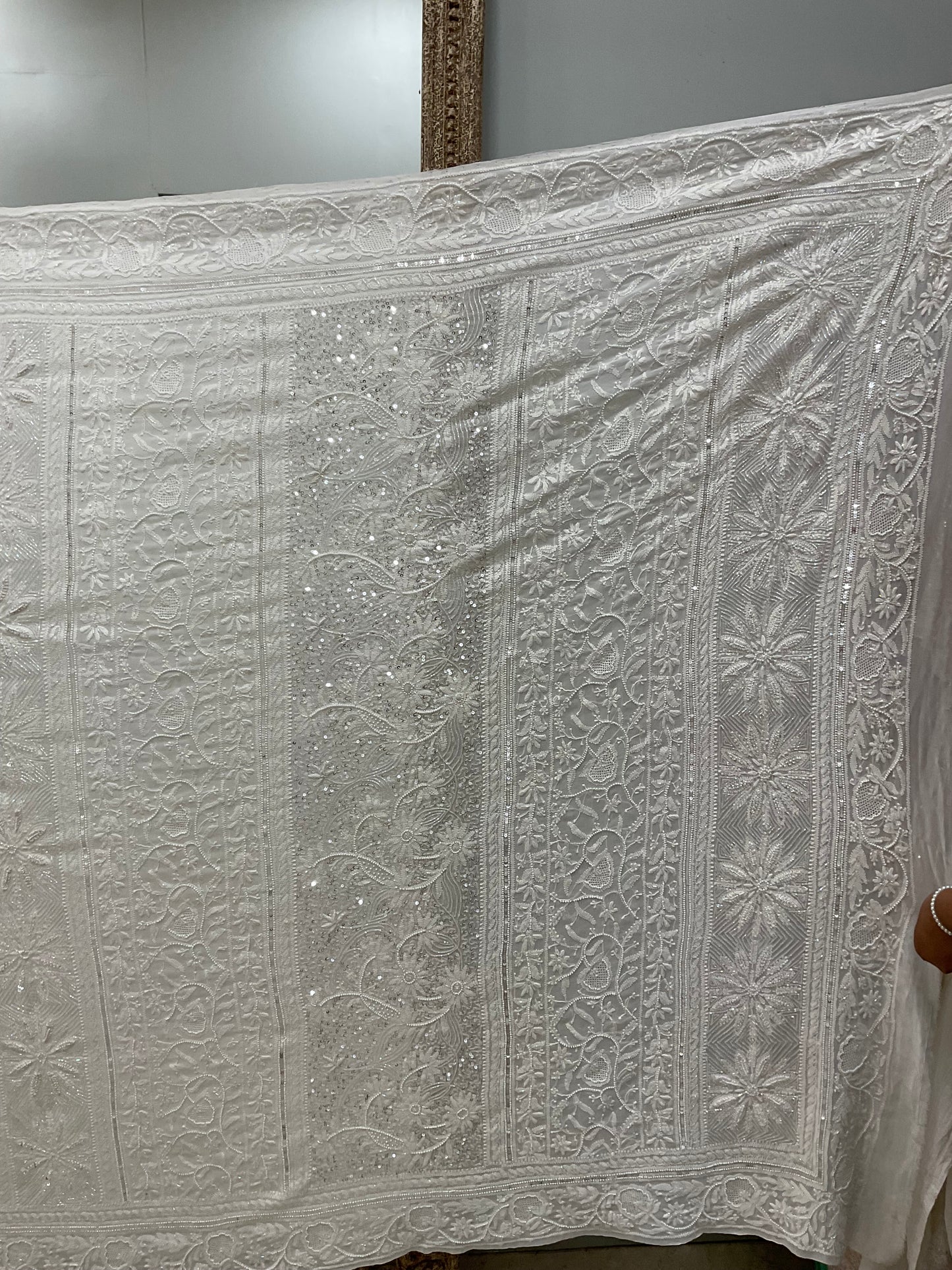Pure Georgette Saree Superfine Work full jaal with Heavy Cutdana and Sequence White