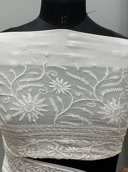 Pure Georgette Saree Superfine Work full jaal with Heavy Cutdana and Sequence White