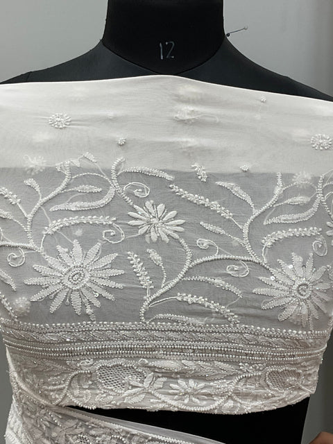 Pure Georgette Saree Superfine Work full jaal with Heavy Cutdana and Sequence White