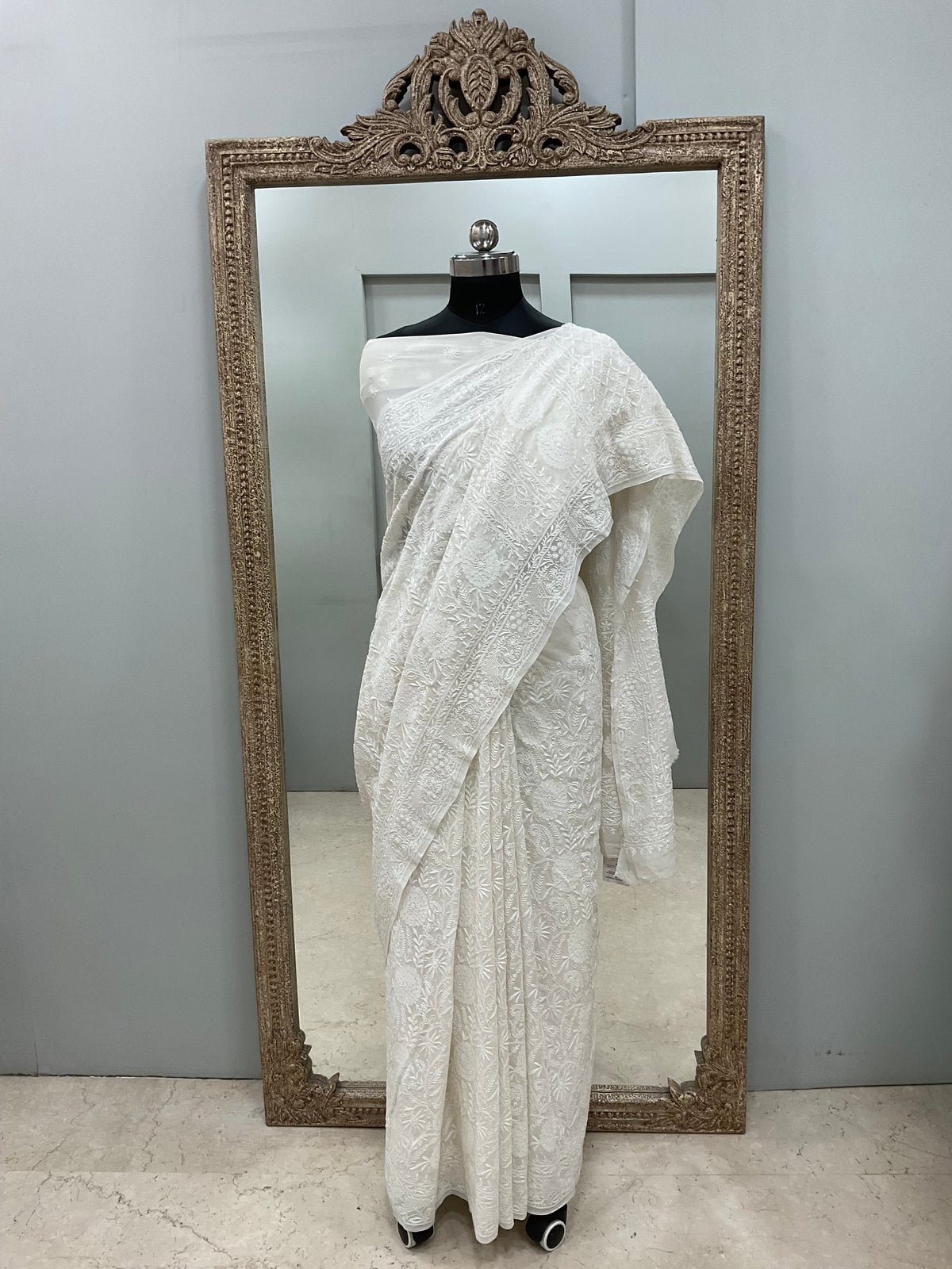 Superfine Pure Georgette Saree Chikan Work Off White