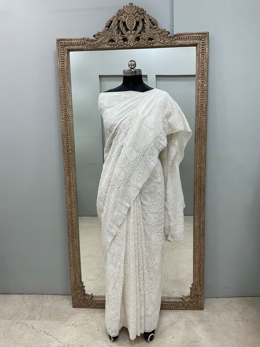 Superfine Pure Georgette Saree Chikan Work Off White