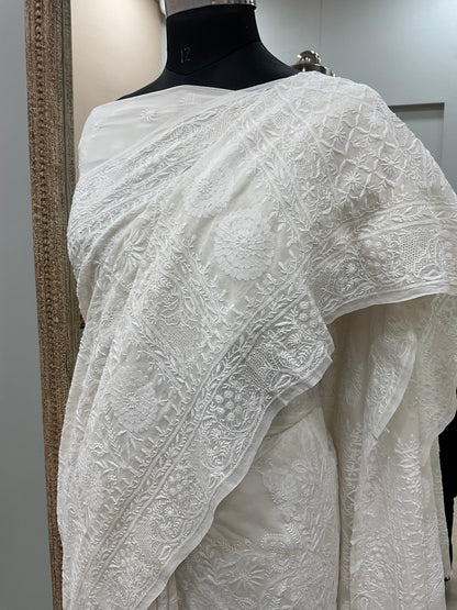 Superfine Pure Georgette Saree Chikan Work Off White