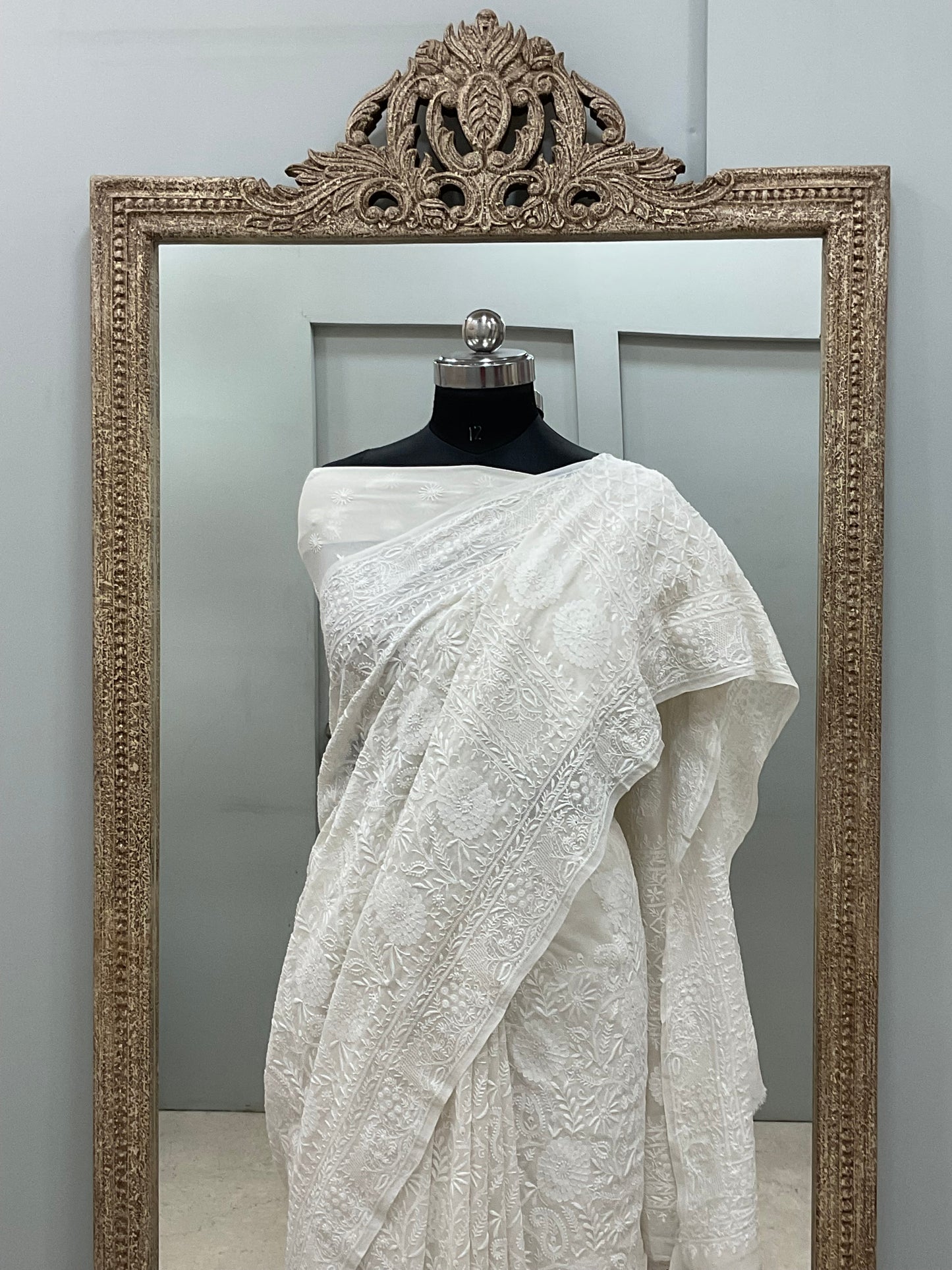 Superfine Pure Georgette Saree Chikan Work Off White