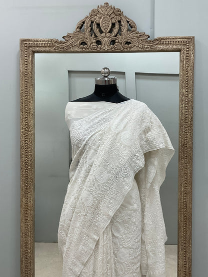 Superfine Pure Georgette Saree Chikan Work Off White