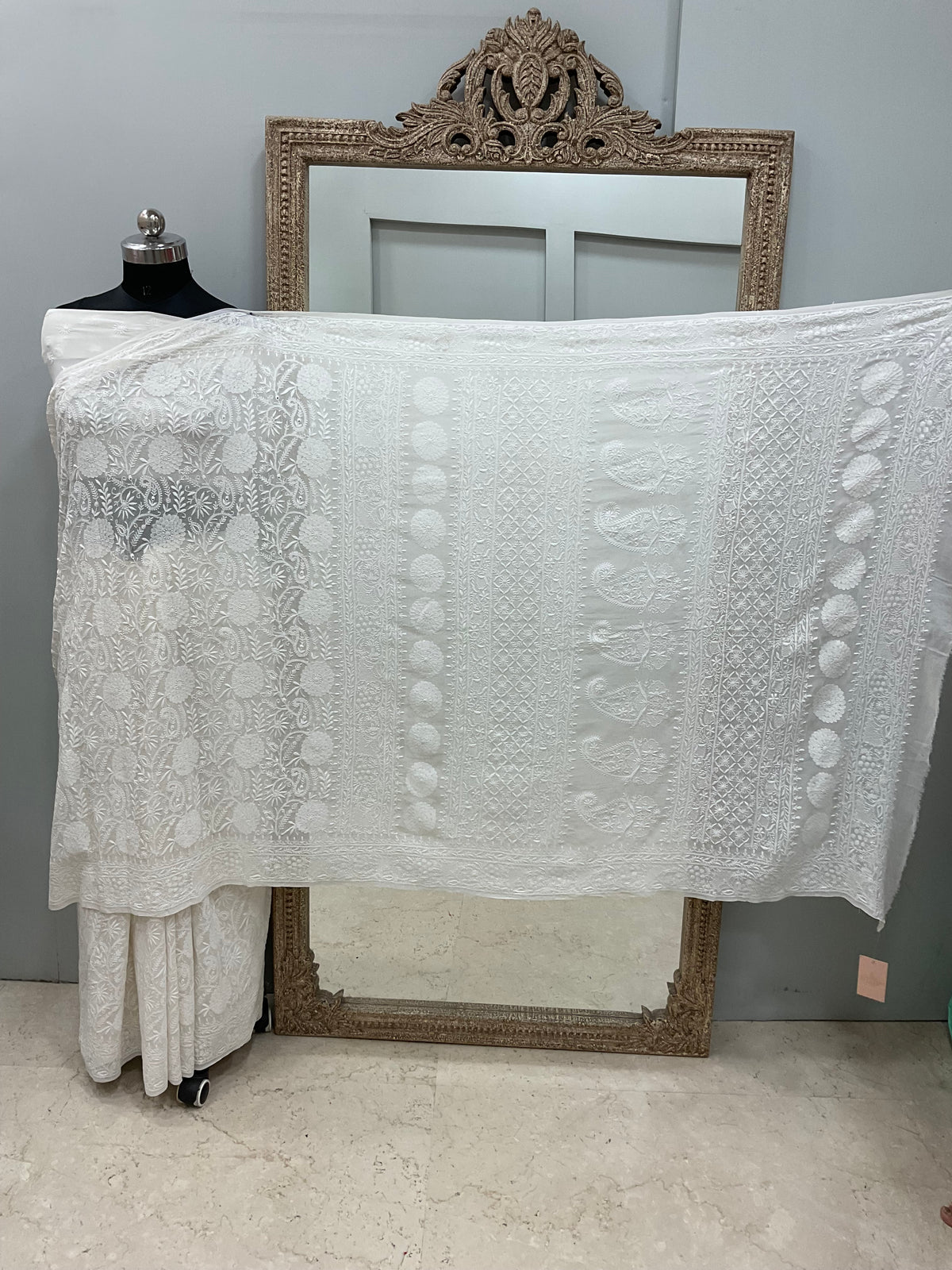 Superfine Pure Georgette Saree Chikan Work Off White