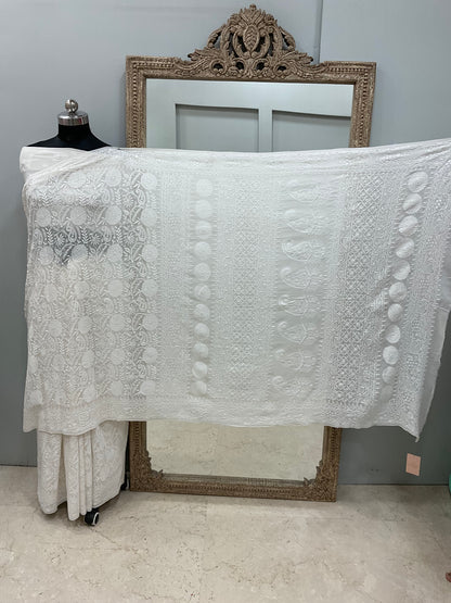 Superfine Pure Georgette Saree Chikan Work Off White