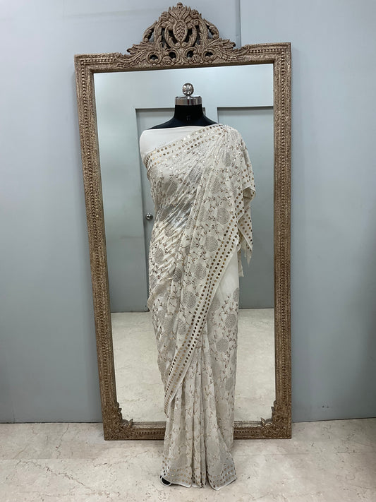 Pure Georgette Saree Badla Work Off White