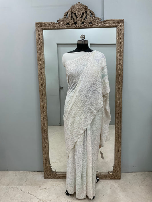 Pure Georgette Saree Superfine Work full jaal with Multicolored Heavy Cutdana and Sequence Off White