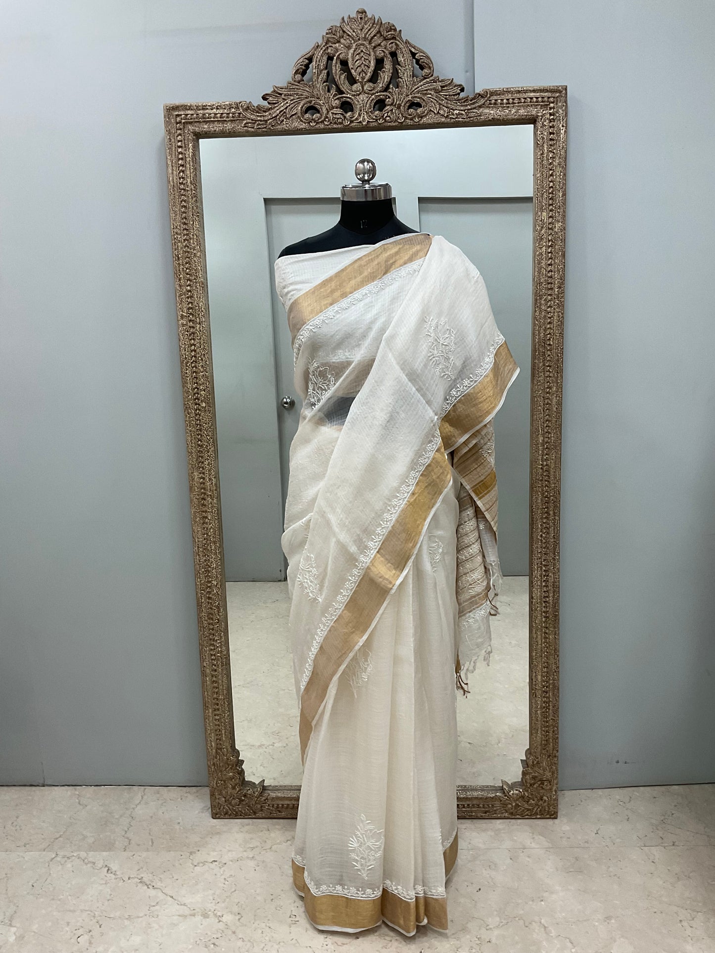 Pure Tassar Silk Saree With Chikan Work Golden