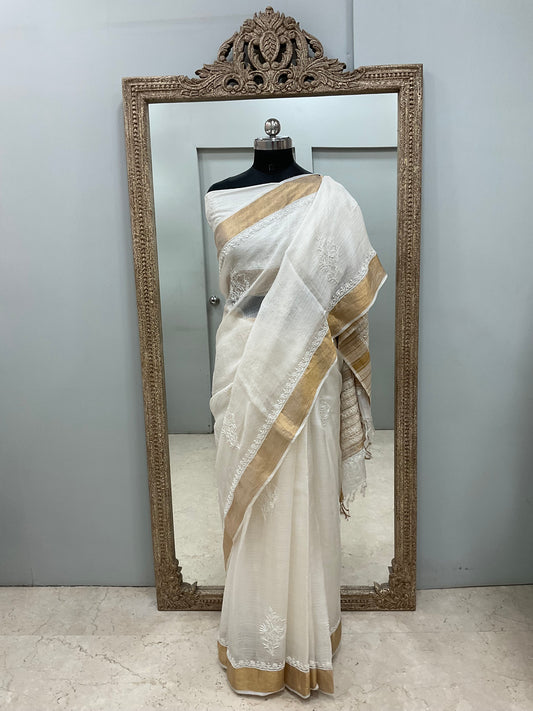 Pure Tassar Silk Saree With Chikan Work Golden