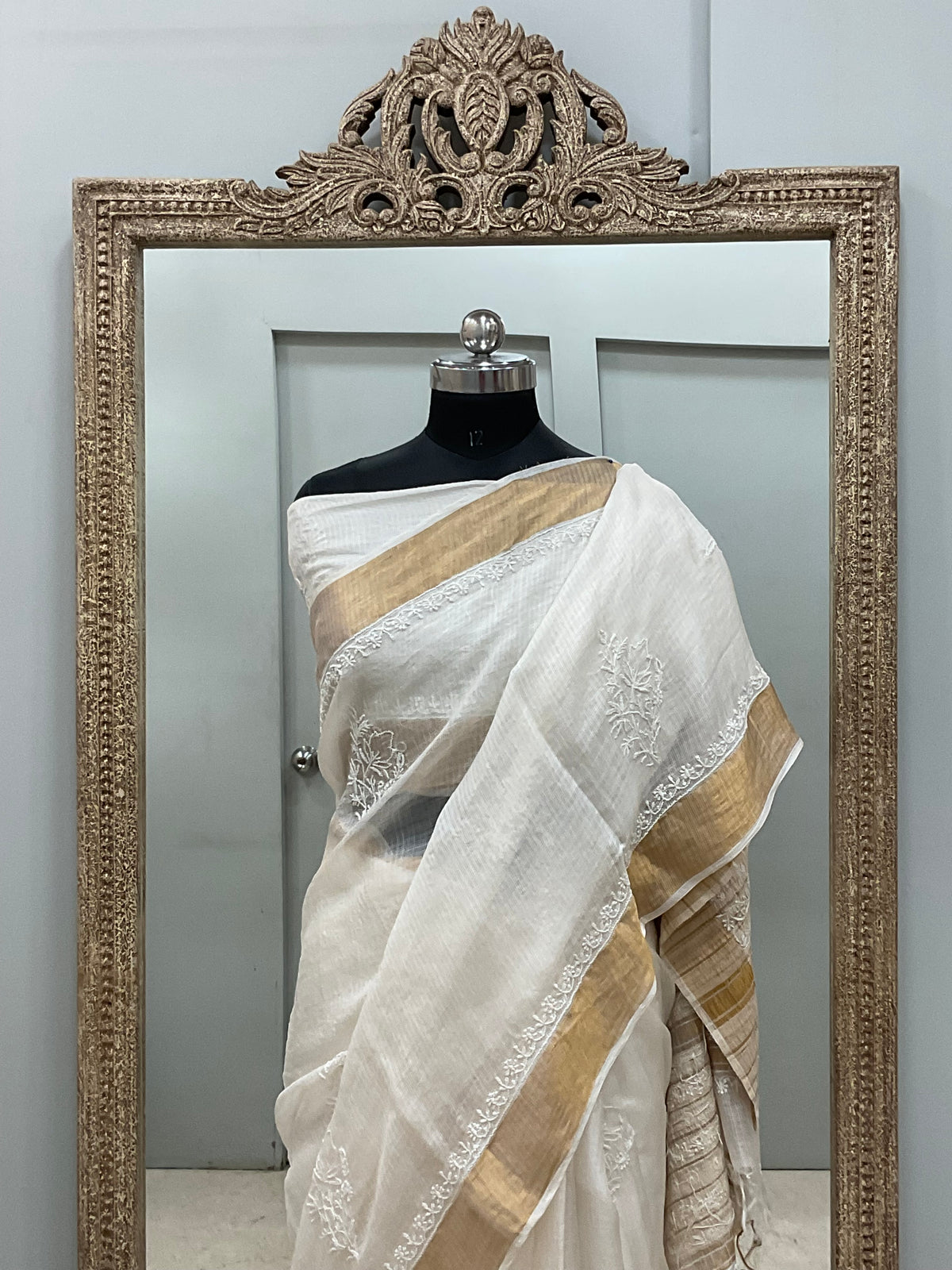 Pure Tassar Silk Saree With Chikan Work Golden