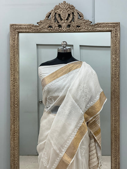 Pure Tassar Silk Saree With Chikan Work Golden