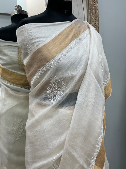 Pure Tassar Silk Saree With Chikan Work Golden