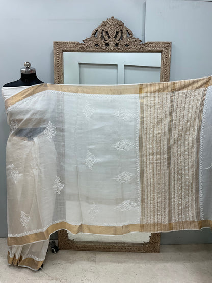 Pure Tassar Silk Saree With Chikan Work Golden
