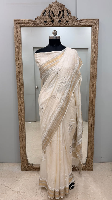 Pure Tassar Silk Saree With Chikan Mukaish Work Golden