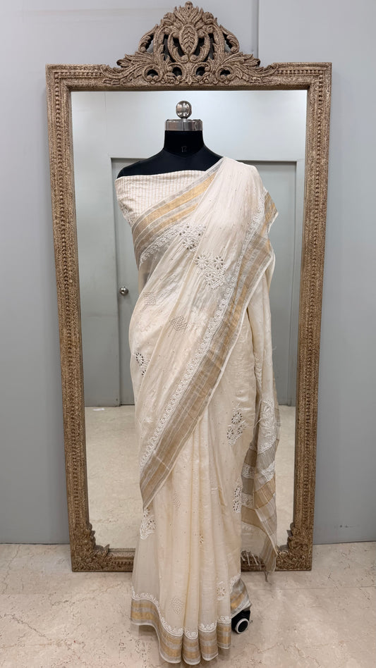 Pure Tassar Silk Saree With Chikan Mukaish Work Golden
