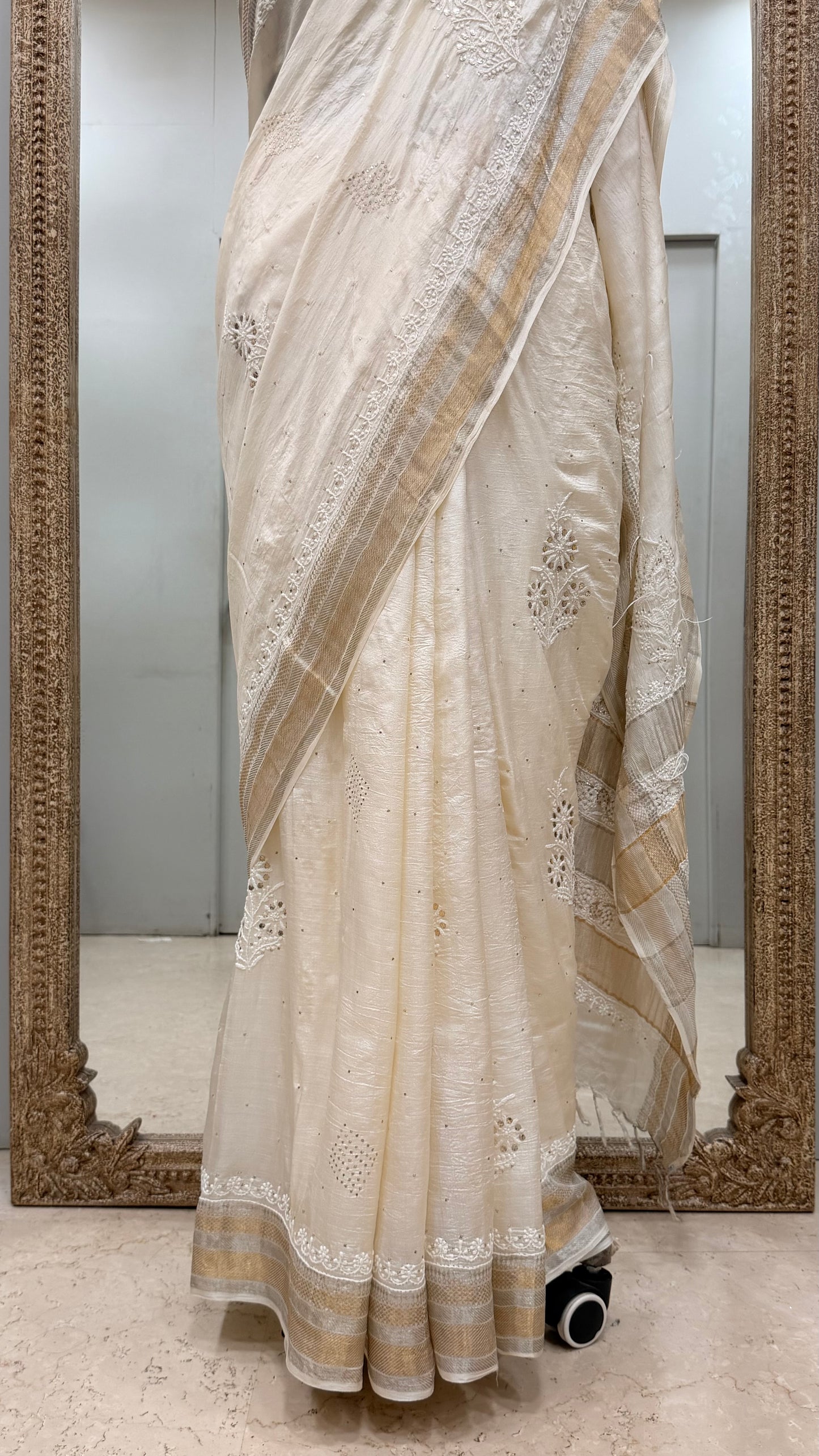 Pure Tassar Silk Saree With Chikan Mukaish Work Golden