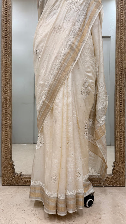 Pure Tassar Silk Saree With Chikan Mukaish Work Golden