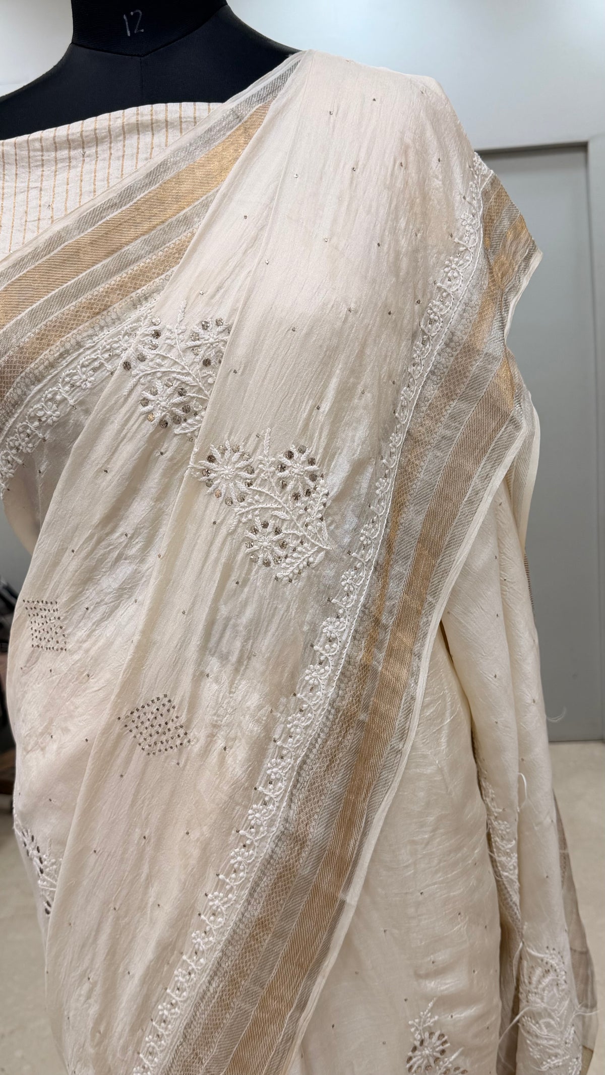 Pure Tassar Silk Saree With Chikan Mukaish Work Golden