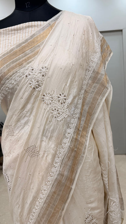 Pure Tassar Silk Saree With Chikan Mukaish Work Golden