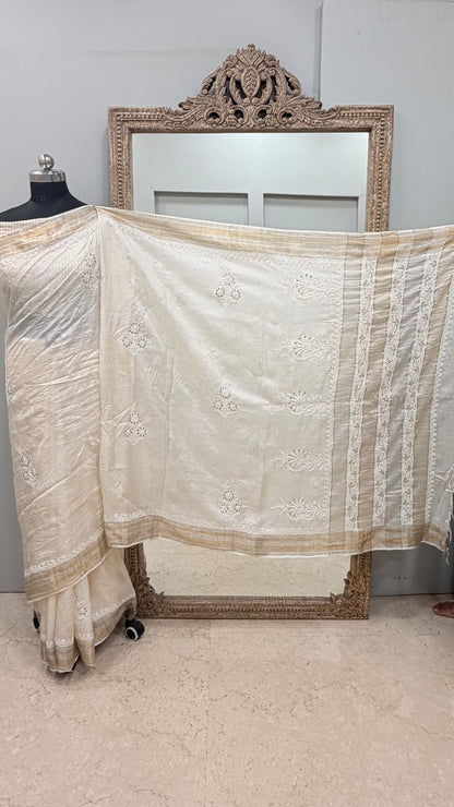 Pure Tassar Silk Saree With Chikan Mukaish Work Golden