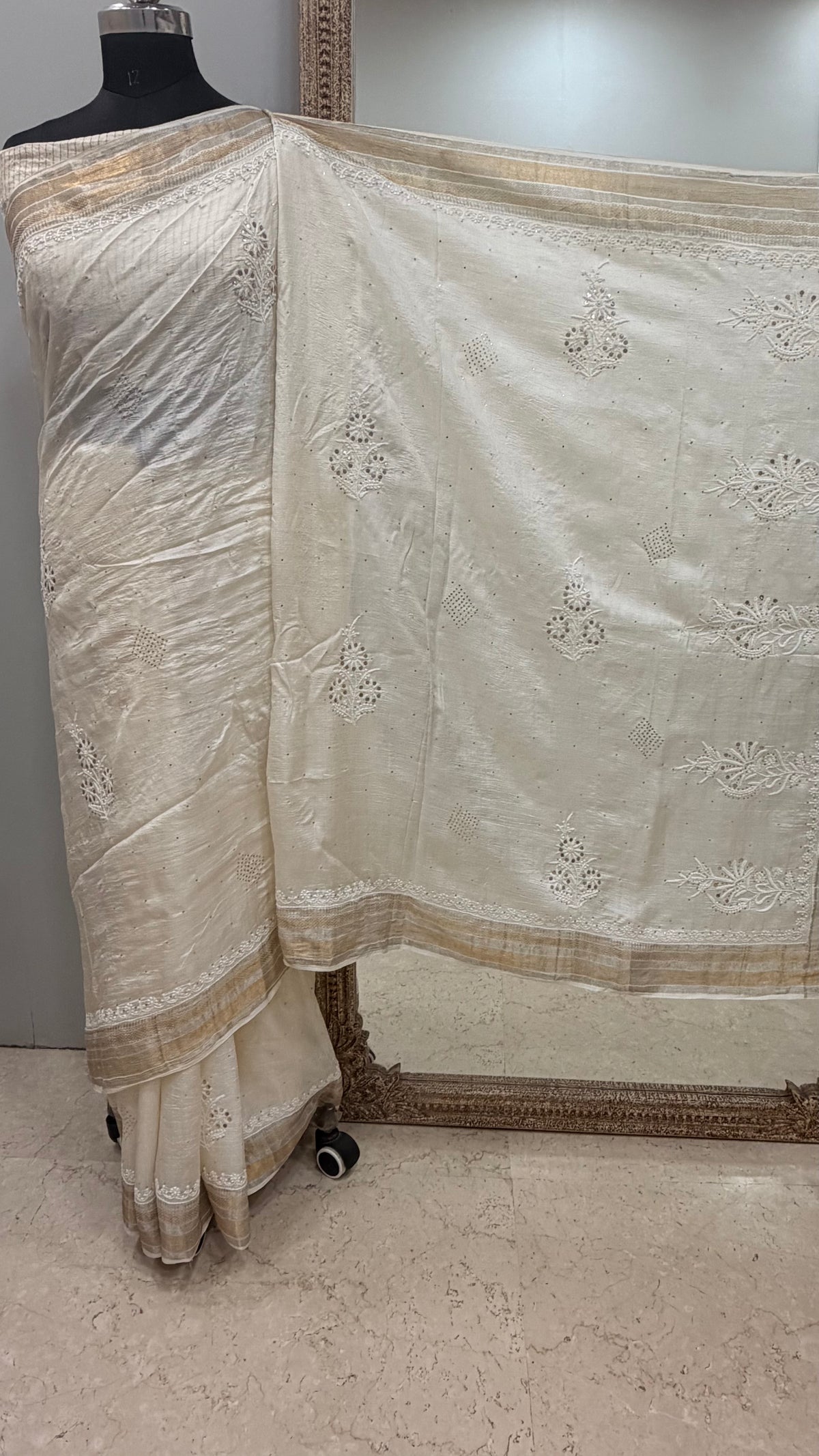 Pure Tassar Silk Saree With Chikan Mukaish Work Golden