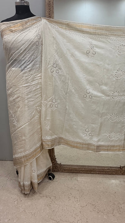 Pure Tassar Silk Saree With Chikan Mukaish Work Golden