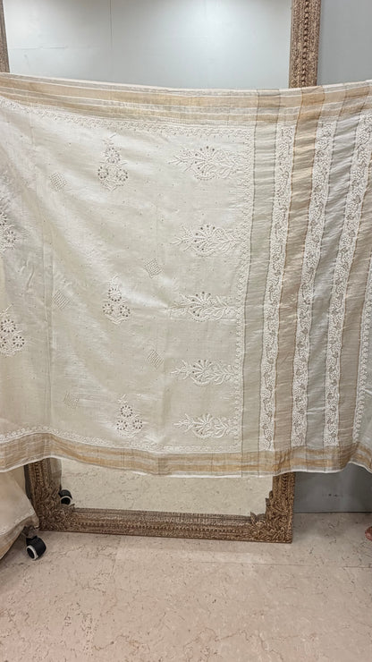 Pure Tassar Silk Saree With Chikan Mukaish Work Golden