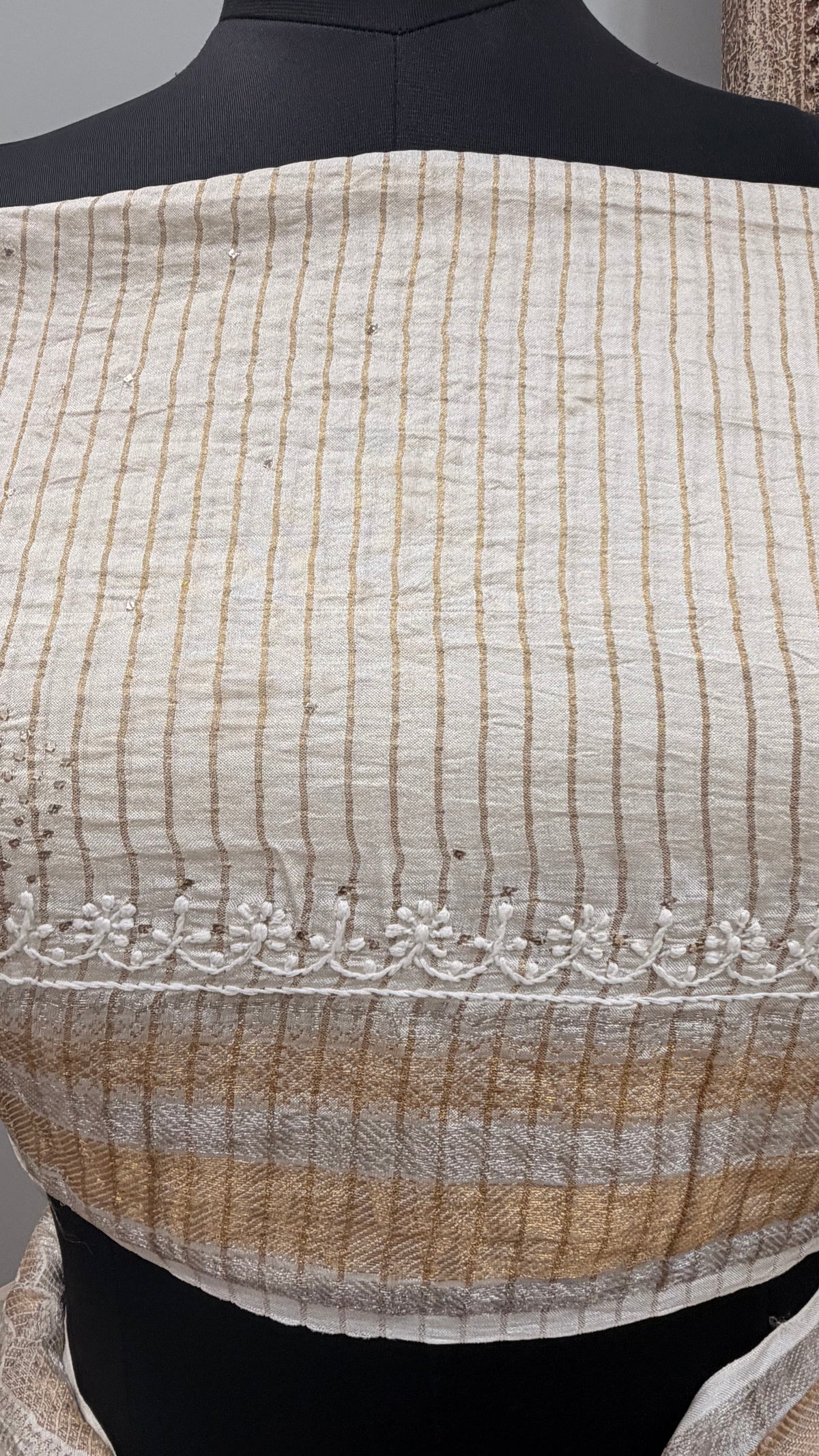 Pure Tassar Silk Saree With Chikan Mukaish Work Golden