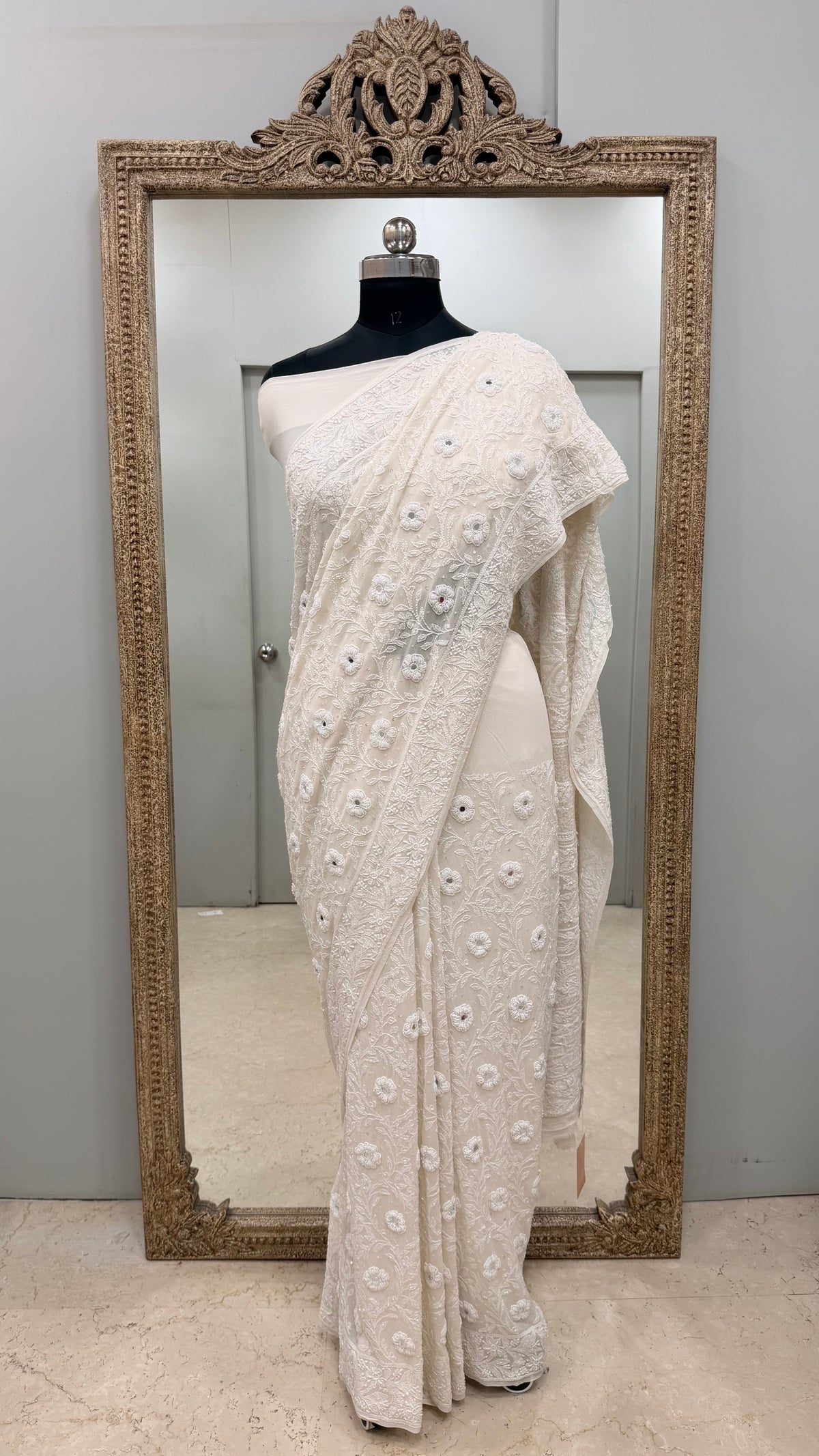 Pure Georgette Saree Superfine Work full jaal with Heavy Cutdana and Sequence White