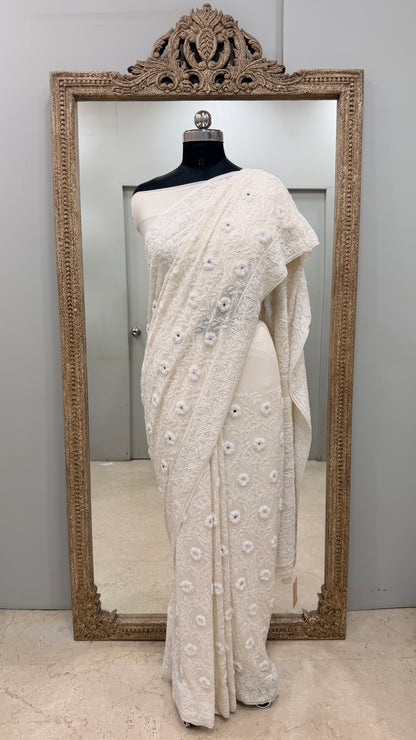 Pure Georgette Saree Superfine Work full jaal with Heavy Cutdana and Sequence White