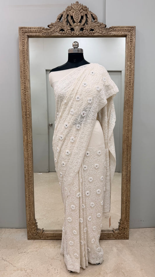 Pure Georgette Saree Superfine Work full jaal with Heavy Cutdana and Sequence White