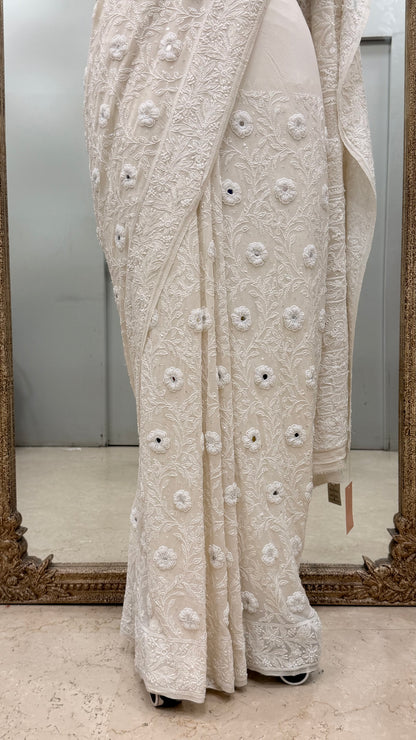Pure Georgette Saree Superfine Work full jaal with Heavy Cutdana and Sequence White