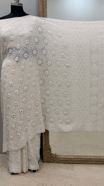 Pure Georgette Saree Superfine Work full jaal with Heavy Cutdana and Sequence White