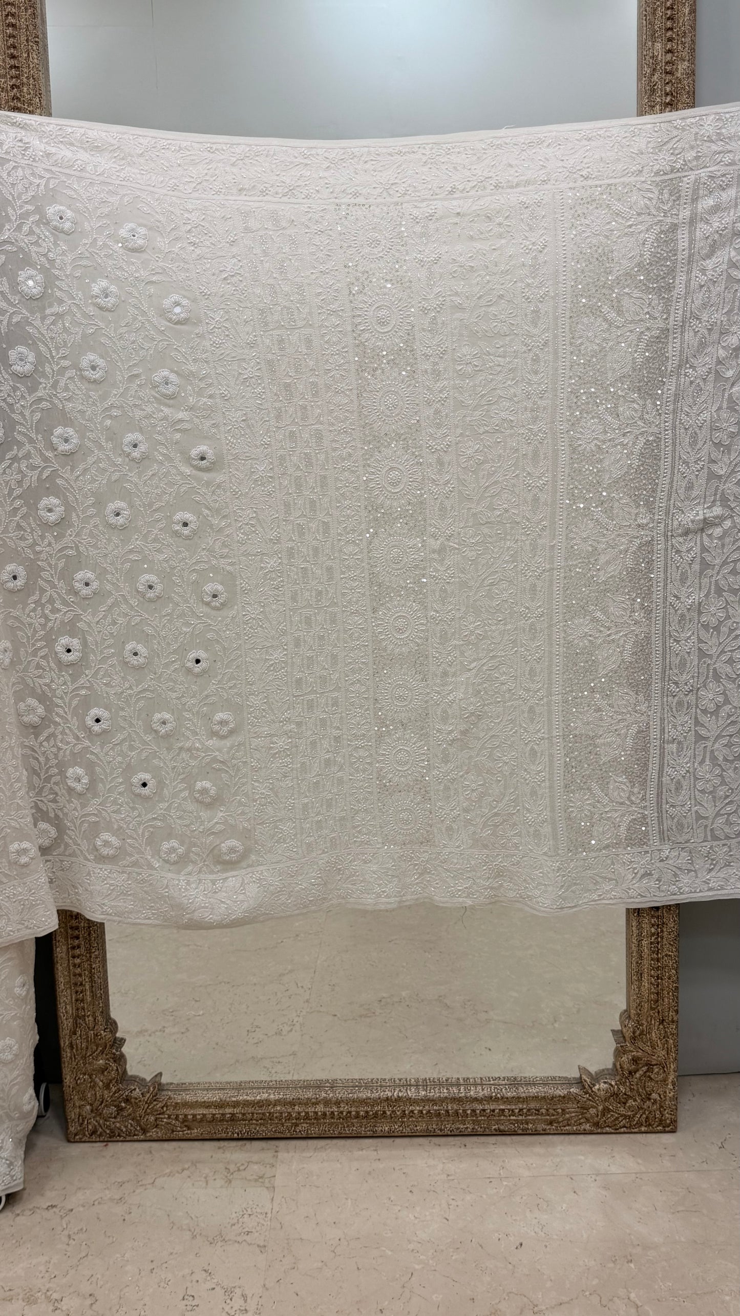 Pure Georgette Saree Superfine Work full jaal with Heavy Cutdana and Sequence White