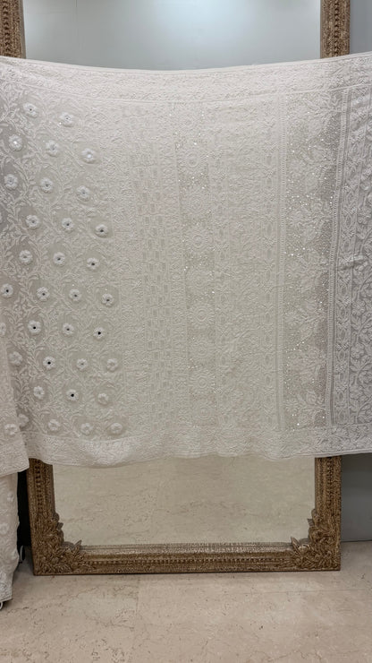 Pure Georgette Saree Superfine Work full jaal with Heavy Cutdana and Sequence White
