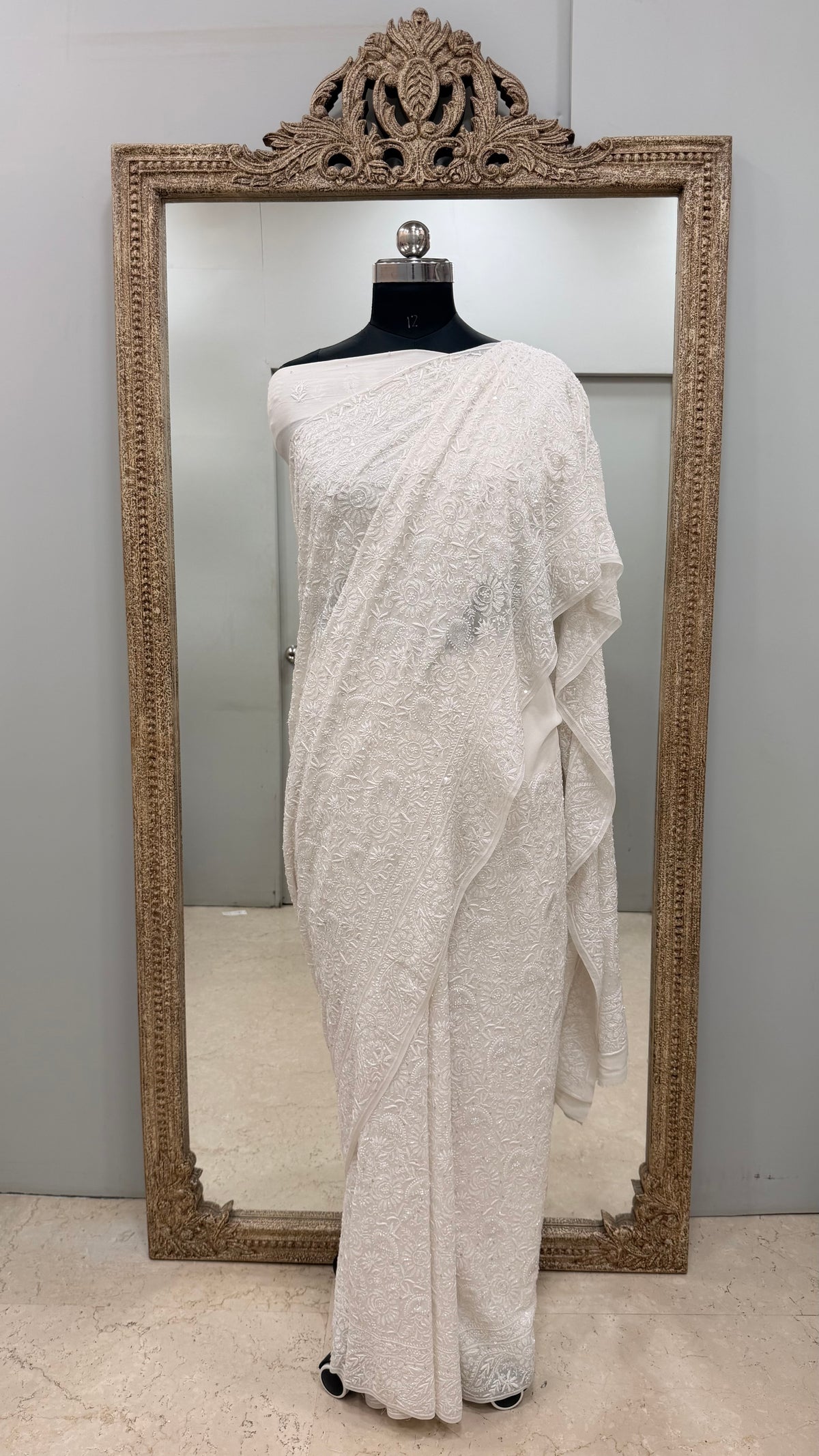 Pure Georgette Saree Superfine Work full jaal with Heavy Cutdana and Sequence White