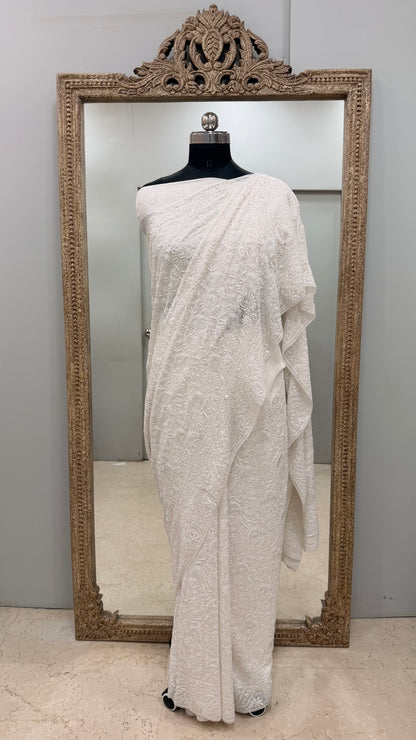 Pure Georgette Saree Superfine Work full jaal with Heavy Cutdana and Sequence White