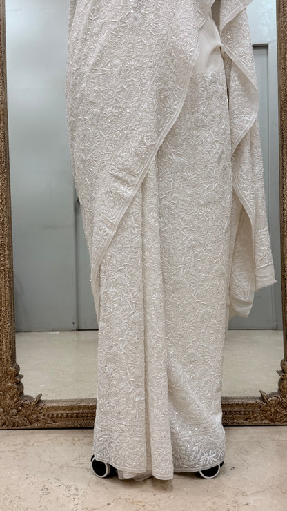 Pure Georgette Saree Superfine Work full jaal with Heavy Cutdana and Sequence White
