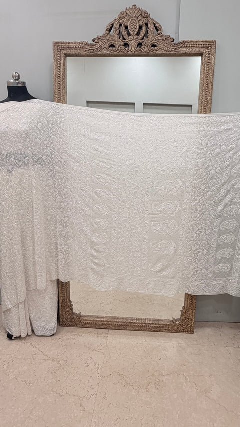 Pure Georgette Saree Superfine Work full jaal with Heavy Cutdana and Sequence White