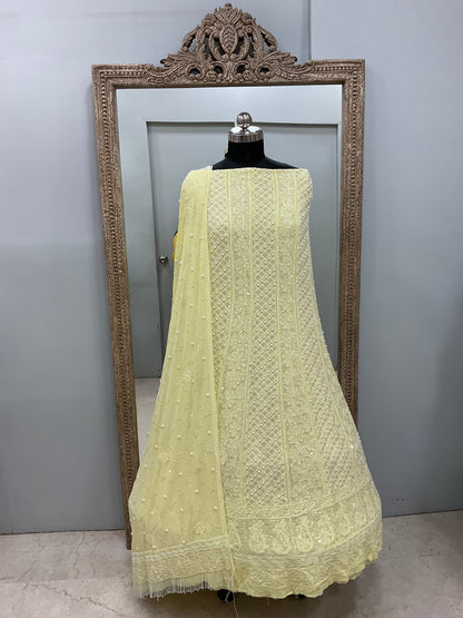 Pure Georgette Anarkali Heavy Pearl, Cutdana and Sequence Yellow