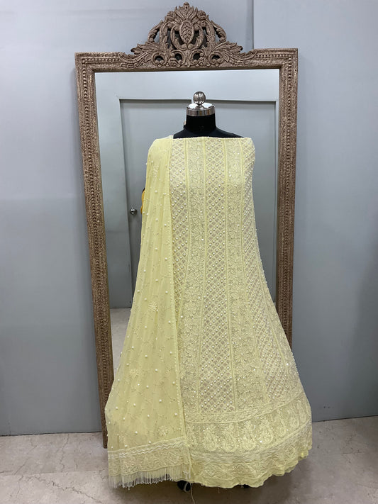Pure Georgette Anarkali Heavy Pearl, Cutdana and Sequence Yellow