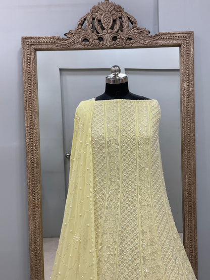 Pure Georgette Anarkali Heavy Pearl, Cutdana and Sequence Yellow